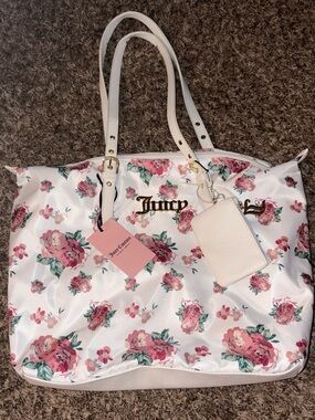 Juicy Couture White Tote with Pink Floral Print and Gold Logo
